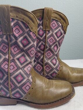Roper Patterned Glitter Pink and Brown Western Cowboy Boots Girls Sz 12